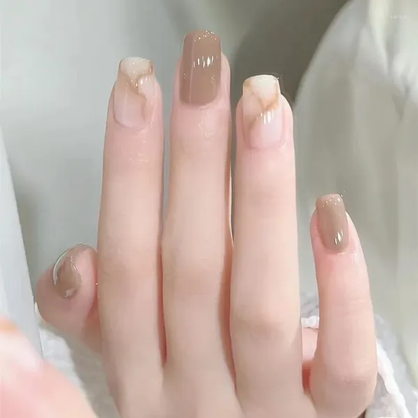 Künstliche Nägel, 24 Stück, Fake-Khaki-Nude-Marmor-Muster, künstliche Nagelspitzen für Büro, Zuhause, quadratisch, mittellang, Kunst-Ongle, freier Kleber