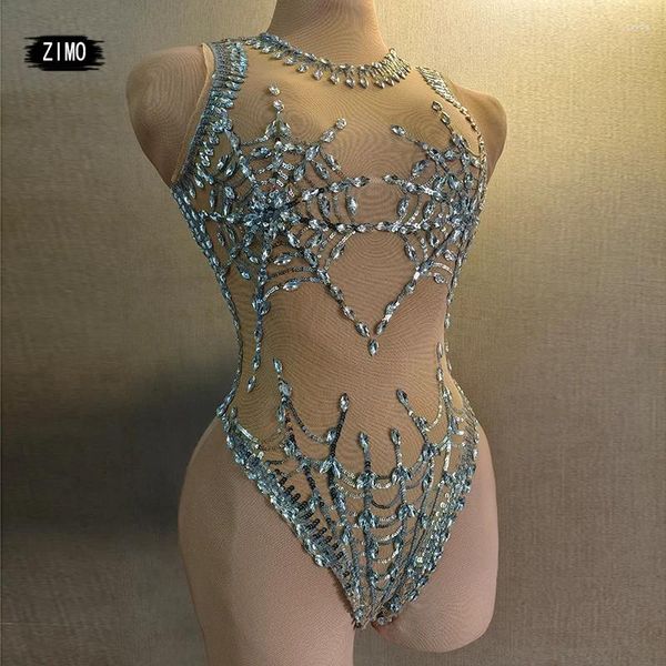 Bühnenkleidung Mode 2024 Sparkle Strass Bodysuit Pailletten Perspektive Mesh Sexy Party Club Geburtstag Trikot Frauen Pole Dance Outfits