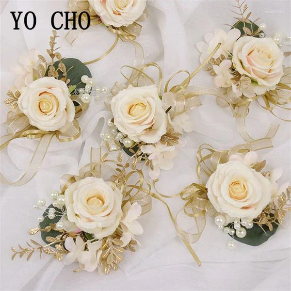 Dekorative Blumen YO CHO Künstliche Rose Hochzeit Boutonniere Blume Männer Brautjungfer Handgelenk Corsage Mädchen Armband Lila Seide