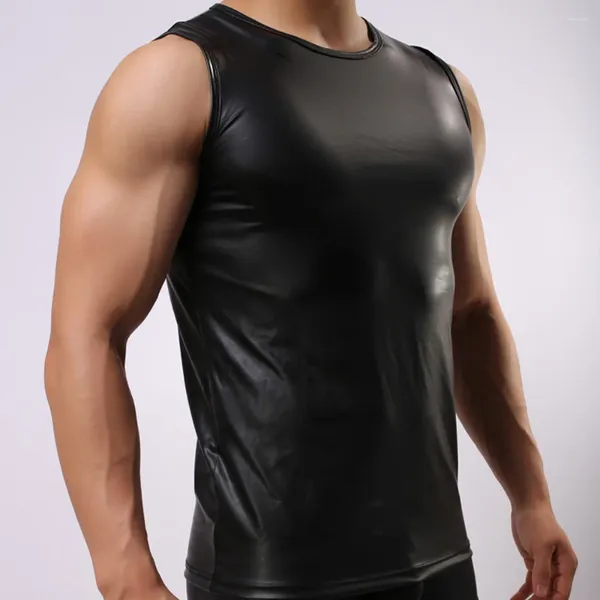 Homens Tank Tops Homens Faux Couro Redondo Pescoço Top Olhar Molhado Colete Apertado Roupa Interior Sexy Preto Slim Shaping Ginásio Esportes Sem Mangas T-shirt