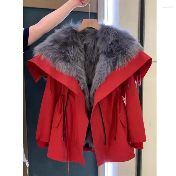 Frauen Trenchcoats 2024 Baumwolljacke Koreanischer Lazy Style Rot Weihnachtsjahr Warmer Mantel Herbst und Winter Kunstpelz Weiß