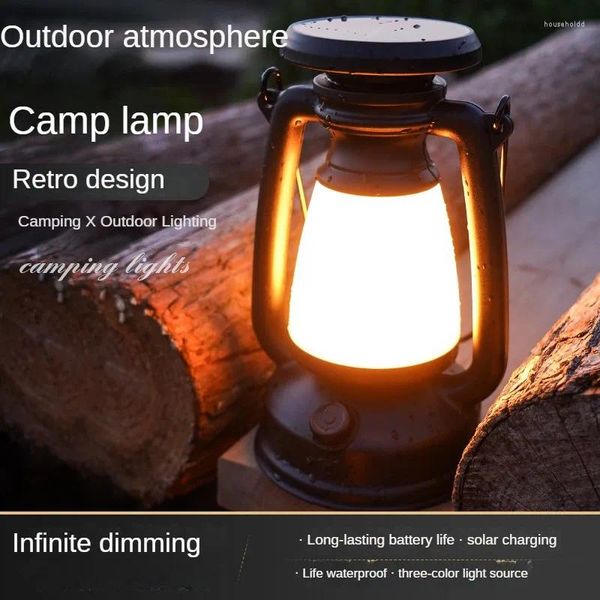 Lanternas portáteis ao ar livre retro solar lâmpada de acampamento tipo-c mesa recarregável decorativa atmosfera querosene emergência