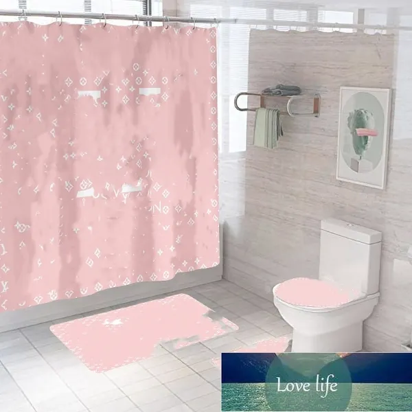 Großhandel Quatily Klassisches Muster Brief Duschvorhang Set Toilettensitz Toilettenbezug Bodenmatte Badezimmer Rutschfeste Matte Set