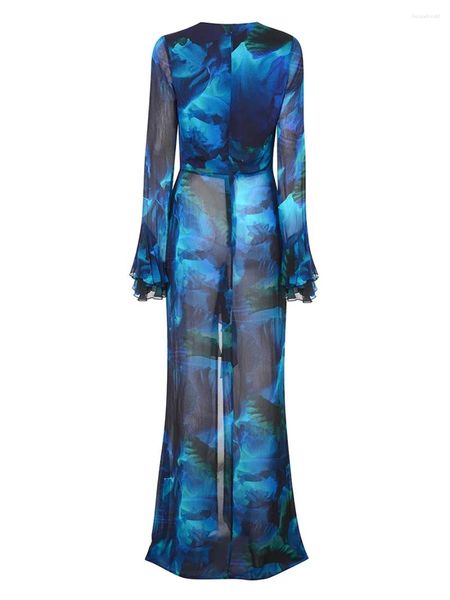 Sıradan elbiseler kadınlar zarif fırfır uzun kollu yüksek bölünmüş akışlı plaj elbise yaz bikini mayo örtbas (mavi m)