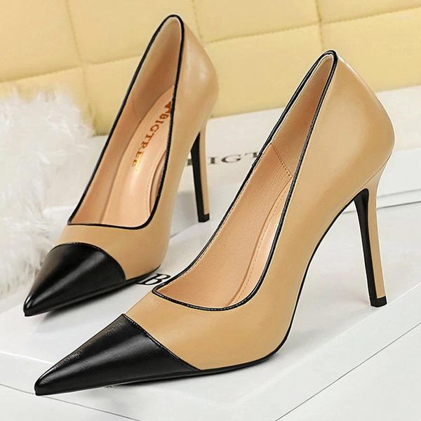 Sapatos de vestido Bigtree Khaki Mulheres Bombas Cores Misturadas Apontou Salto Alto Pu Couro OL Profissão Stilettos Sapato de Escritório