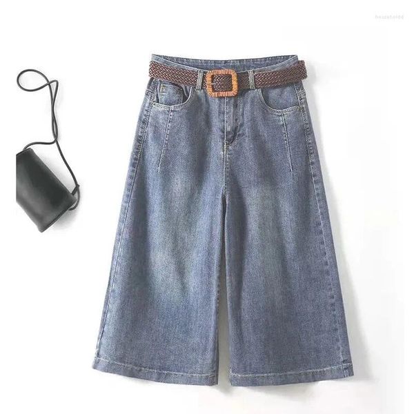 Damenhose mit Gürtel, sieben Punkte, Denim, breites Bein, weiblich, Sommer, koreanische Version von Retro, lose, einfarbig, modisch, lässig, gerade