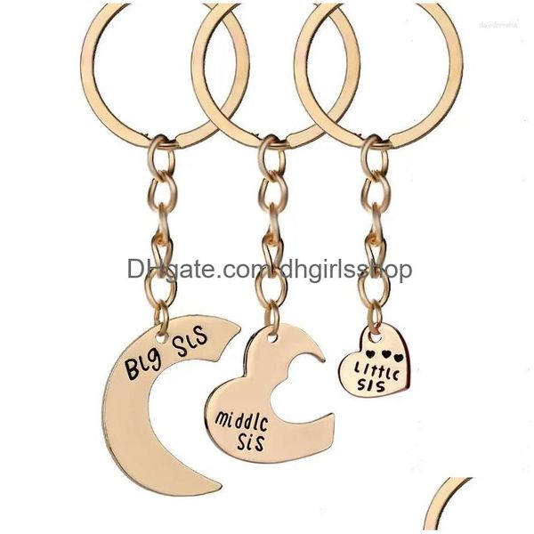 Chaveiros Lanyards Chaveiros 3 Pçs-Set Big Sis Médio Pequeno Chaveiro Amor Coração Irmã Chaveiro Família Amigos Jóias Natal G Dhk6L