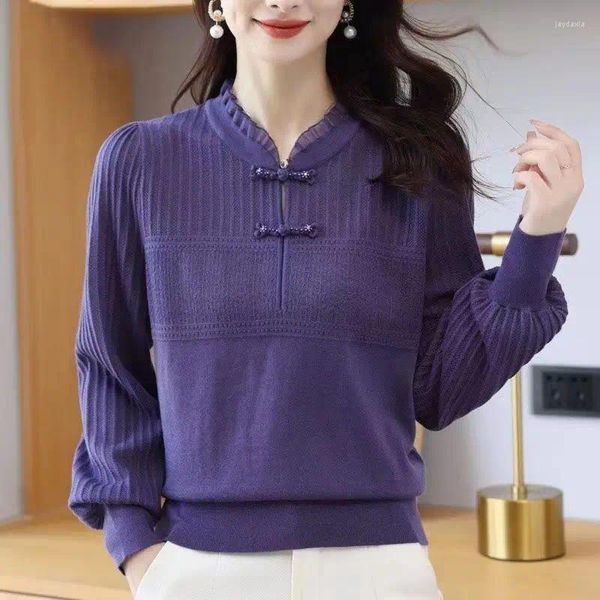 Suéter feminino outono inverno estilo chinês manga comprida moda suéter casual versátil fino pulôver grosso sólido elegante y2k tops femininos