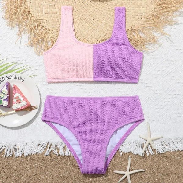 Damen-Bademode, Colorblock-Bikini-Badeanzug für Kinder, gerippt, zweiteilig, für Kinder, 7–14 Jahre, Badeanzug, Monokini, 2024, Sommer-Strandbekleidung