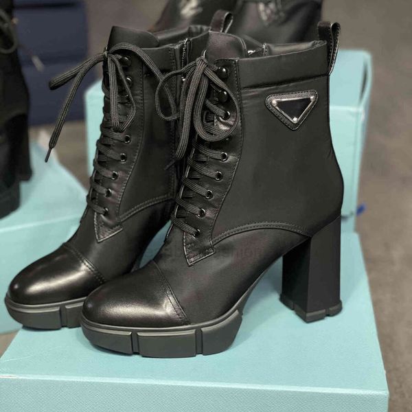 Botas de placa de designer rendas até bota de tornozelo 9 5cm mulheres botas de combate de couro preto salto alto qualidade de inverno com caixa