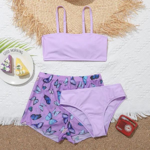Damen-Bademode, 3er-Pack, solider Mädchen-Bikini-Badeanzug für Kinder mit Schmetterlings-Strandshorts, Kinder-Badeanzug für 7–14 Jahre, Sommer-Strandbekleidung