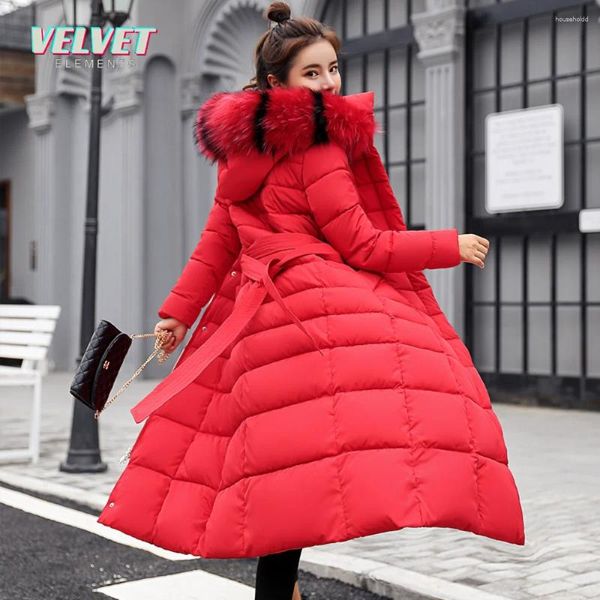 Kadın Trençkotları Velvetelements 2024 Pamuklu Yastıklı Liner Parkas 3xl Moda Kürk Yaka Kış Kış Ceketleri Kadınlar Uzun Kapşonlu Ceket