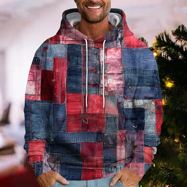 Erkek Hoodies gevşek etnik tarzı taklit denim patchwork 3d baskılı kapüşonlu sweatshirt gündelik moda sporları ropa hombre