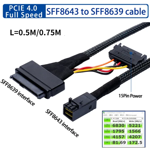 Cabos de computador Mini SAS SFF8643 U.2 para SFF8639 com 15PIN Power PCIe 4.0 HDD Super Speed Data Cable para 2.5 
