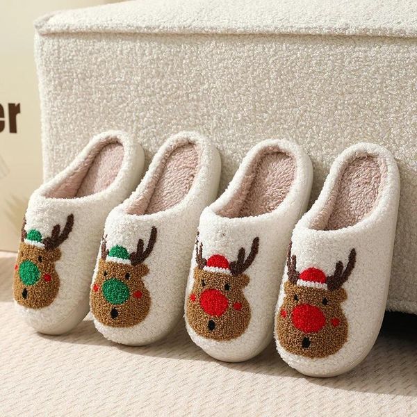 Chinelos 2024 Natal Elk Algodão para Homens Mulheres Home Slip Resistente Slides Casais Interior Pelúcia Sapatos Quentes no Presente de Inverno