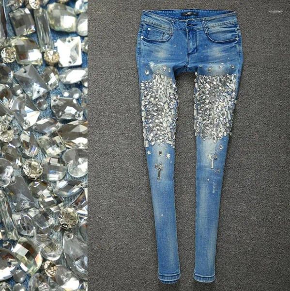 Jeans femininos high street artesanal diamante brilhante lápis mulheres moda estiramento skinny denim calças q666