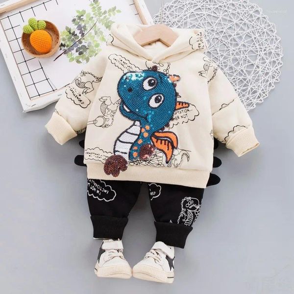 Kleidung Sets Winter Kinder Plus Samt Warme Pullover Zwei-stück Anzug Baby Jungen Verdicken Cartoon Dinosaurier Kleidung Kinder Trainingsanzug mädchen Set