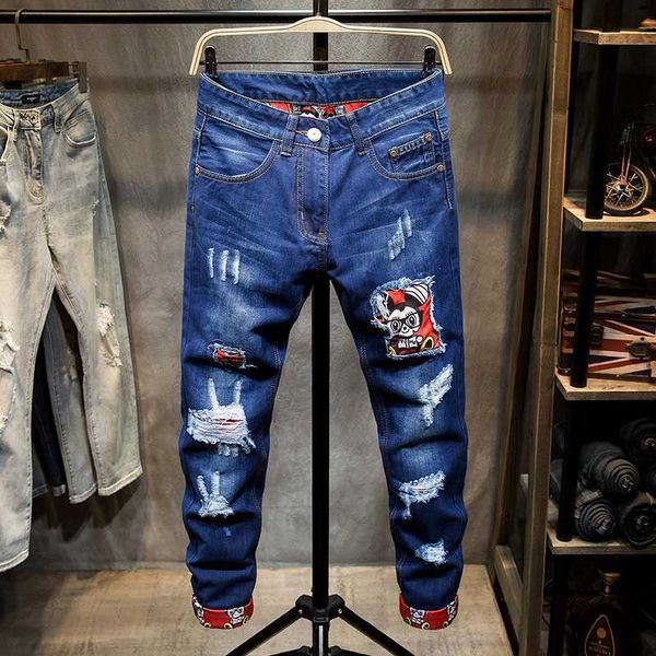 Herren-Jeans, Patchwork, zerrissen, bedruckt, bestickt, grandioser Stand, Jugend, elastisch