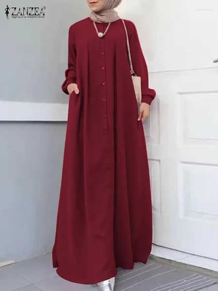 Casual Dresses Eid Kaftan Muslim Langes Kleid ZANZEA Elegante Abaya Frühlingsärmel Knöpfe Sommerkleid Türkei Abayas Islamische Kleidung Robe Femme