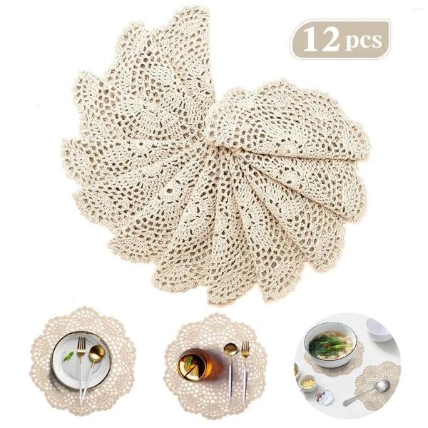 Masa Paspasları Doilies 12pcs 8 inç tığ işi yuvarlak dantel doily el yapımı placemats pamuk tığ işi bej kama