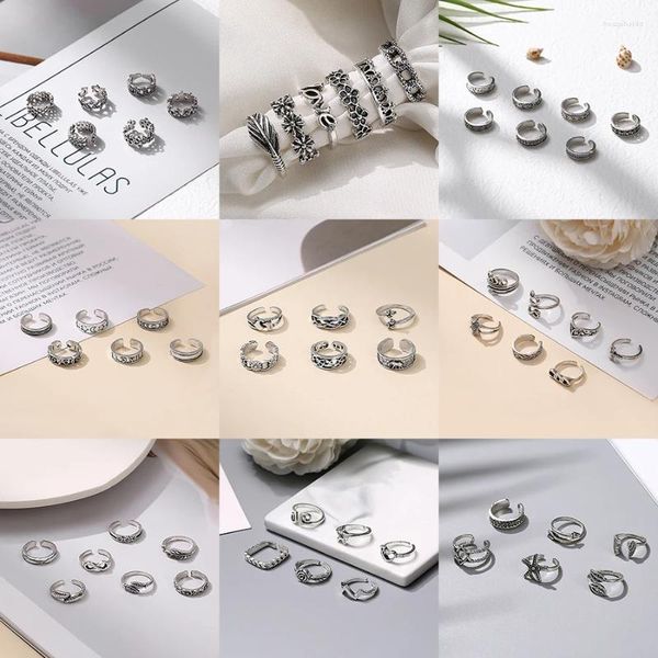 Cluster-Ringe 10 Stile Zehen Verschiedene Kronen-Blumen-Fuß-Weinlese-Antik-Silber-Platten-Ring für Frauen Open Tail Band Schmuck