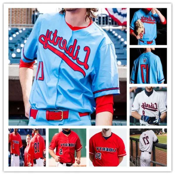 NCAA Custom Liberty LU Baseball Jersey College Derek ORNDORFF Aaron ANDERSON Três HILLIER Cinza APOSTAS Costurado Azul Vermelho Wh Alto