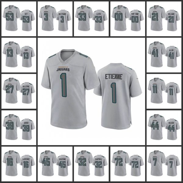 Jacksonville''Jaguars''Men # 7 Zay Jones 45 K'Lavon Chaisson 16 Trevor Lawrence 1 Travis Etienne Mulheres Juventude Cinza Atmosfera Personalizada Moda Jogo Jersey