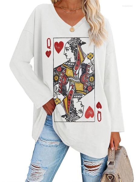 Женские футболки, футболка большого размера с графикой Queen Of Hearts для женщин, весенняя повседневная свободная туника с длинными рукавами и v-образным вырезом, уличная одежда 2024