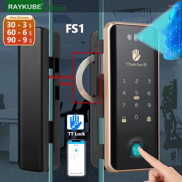 Smart Lock RAYKUBE FS1 Riconoscimento facciale 3D con gancio a semicerchio Impronta digitale biometrica elettronica Sblocco porta in vetro