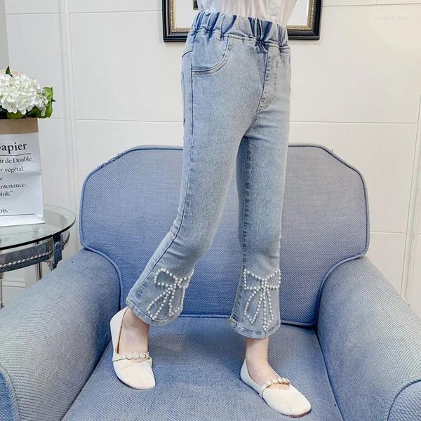 Hosen Mädchen Jeans Bell-Bottom-Hose 2024 Perlenschleife Lässig Frühling Herbst Niedliche Kinder-Baumwollleggings für 3–12 Jahre