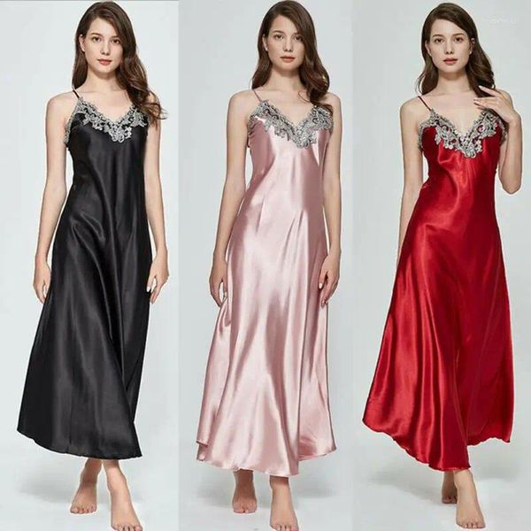 Damen-Nachtwäsche, Damen-Nachthemd, Satin, lange Nachthemden, Seide, Spitze, sexy Feamle, ärmellos, tiefes V-Nachtkleid, Nachtkleid, US