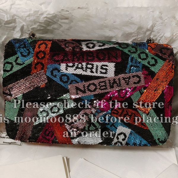 12A Nuovissima borsa con patta rettangolare con paillettes di design a specchio Mini 20CM Borsa arcobaleno Borse di lusso Borsa da sera Borsa a tracolla con catena a tracolla