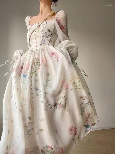 Casual Kleider 2024 Kleid Frau Französisch Elegante Blumen Midi Chiffon Langarm Robe Abend Party Strand Fee Ein Stück Koreanische sommer