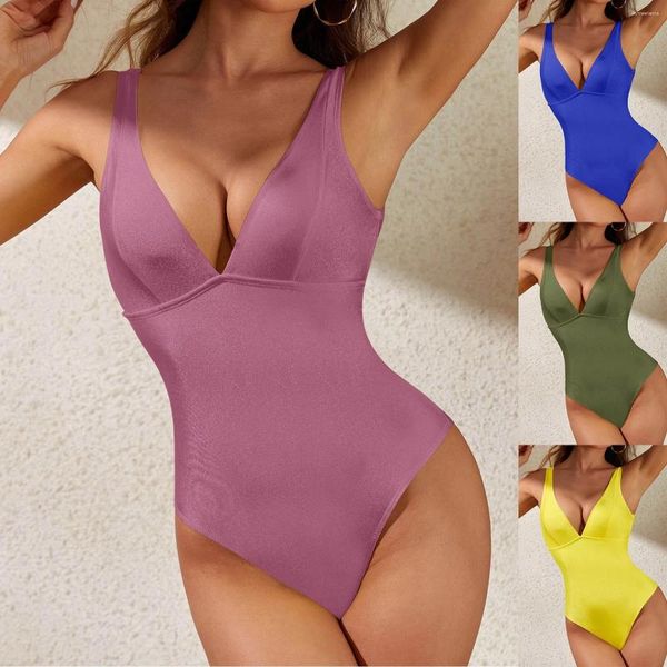 Costume da bagno intero da donna Costume intero intero da donna Reggiseno con scollo a V profondo Monokini tinta unita 2024 Costume da bagno estivo da spiaggia Nuoto Abbigliamento da mare Biquini