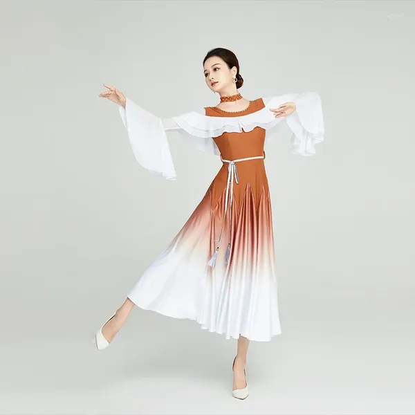 Vestuário de palco Waltz Modern Dance Dress Trumpet Sleeve Crewneck Gradiente GB Ballroom Foxtrot Tango