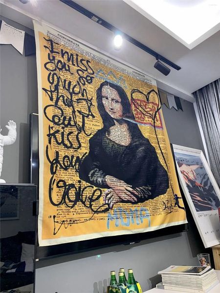 Wandteppiche Mona Lisa Graffiti Wandteppich Wandbehang Böhmische Strandmatte Polyester Decke Yoga Zuhause Schlafzimmer Kunst Teppich Vorhänge