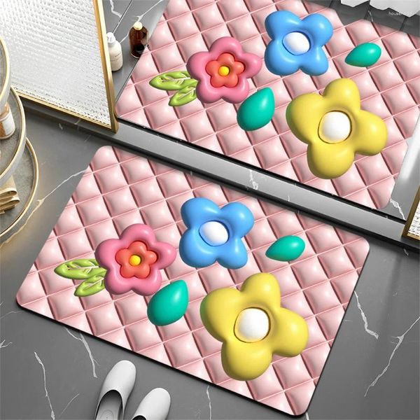 Tapetes de banho 3D Cartoon Floor Mat Expandido Lama Diatomácea Secagem Rápida Antiderrapante Banheiro Porta Banheiro Menina Flor