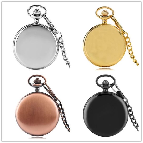 Retro Glattes Gehäuse Silber Schwarz Gelbgold Roségold Herren Damen Analog Quarz Taschenuhr mit Anhänger Halskette Kette Uhr Geschenk258o