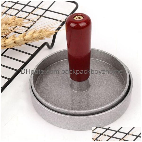 Utensili per carne e pollame Forma rotonda Pressa per hamburger Utensile da cucina Manico in legno Hamburger antiaderente Stampo per hamburger Lega di alluminio Carne Dh1Hd