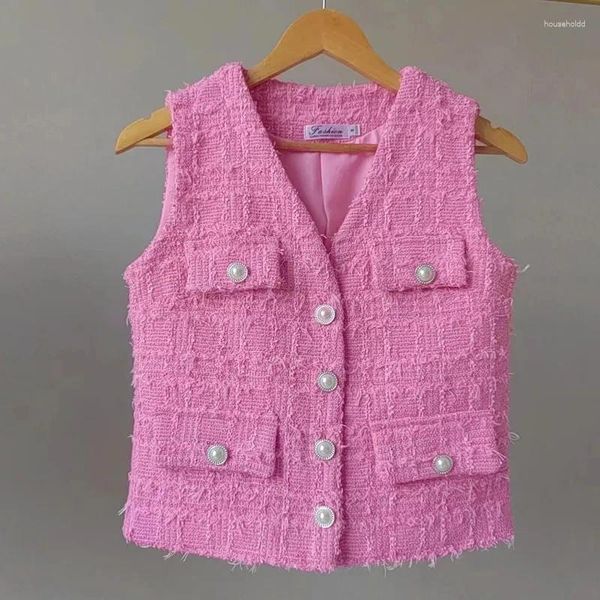 Coletes femininas primavera verão 2024 ocidental moda tweed colete casaco perfumado rosa branco menina colete