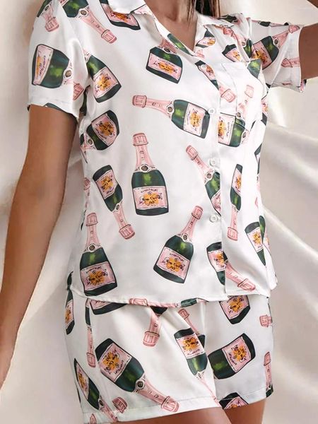 Damen-Nachtwäsche, Champagnerflaschen, Knopf-Pyjama-Set, 2024, Damen-Sommermode, Druck, Urlaub, Retro, Harajuku, kurzärmelig, lässiges T-Shirt