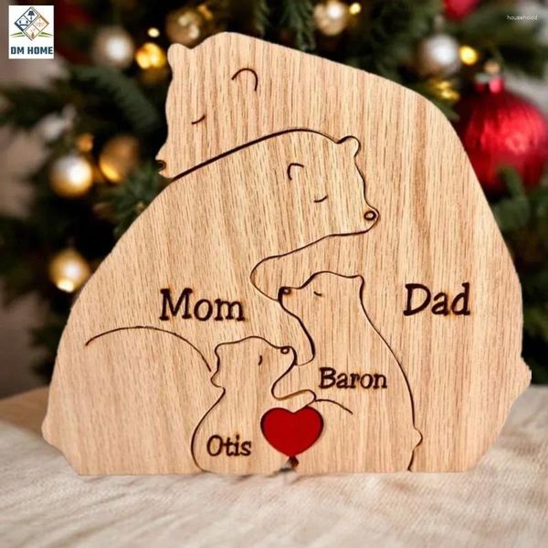 Estatuetas decorativas personalizadas abraçando urso família quebra-cabeça de madeira gravura grátis personalizado presente de aniversário de natal escultura de nome 2-9 nomes