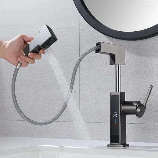 Torneiras de pia do banheiro cinza escuro torneira doméstica toda cobre puxar para cima e para baixo display digital frio