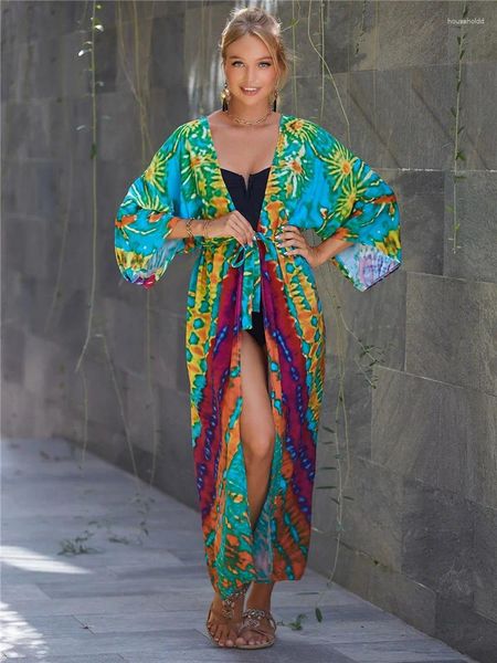 Damenbadebekleidung 2024 Böhmischer Badeanzug-Abdeckungs-Retro-Streifen-Selbstgürtel-Frauen-Sommer-Kleidung-langes Kimono-Kleid Beachwear-Bikini-Abdeckungen