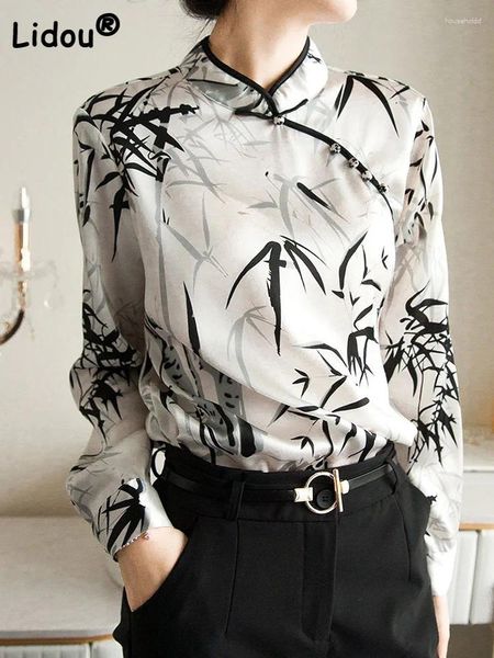 Camicette da donna Cheongsam Manica lunga Stampa Moda Donna Bottone 2024 Estate Stile cinese Top Vintage Elegante Slim Office Lady Shirt