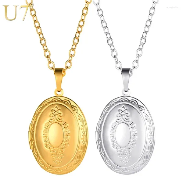 Ожерелья с подвесками U7, 18-каратное золото, серебро, открывающийся овальный медальон, ожерелье для женщин, в форме яйца, с тиснением растений, рамка-держатель, персонализированная