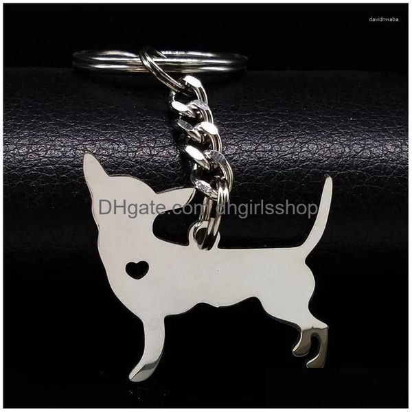 Schlüsselanhänger Lanyards Schlüsselanhänger 2023 Chihuahua Hund Schlüsselbund Schmuck Silber Farbe Edelstahl für Frauen Llaveros Mujer K922S01 Drop D Dhmws