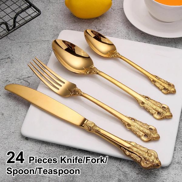 Geschirr-Sets, 24-teiliges Goldbesteck-Set, Luxus-Geschirr, Edelstahl, Abendessen, Küchenutensilien, vergoldet, Vintage-Gabel, Löffel