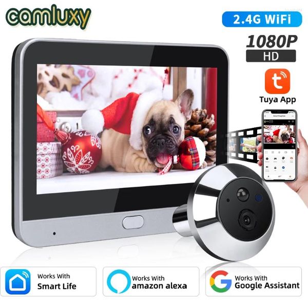 Дверные звонки Camluxy Smart Tuya Wi-Fi, видео дверной звонок, 4,3 дюйма, 1080P, камера-глазок, 5000 мАч, PIR-сигнализация движения, цифровой дверной телезритель Alexa