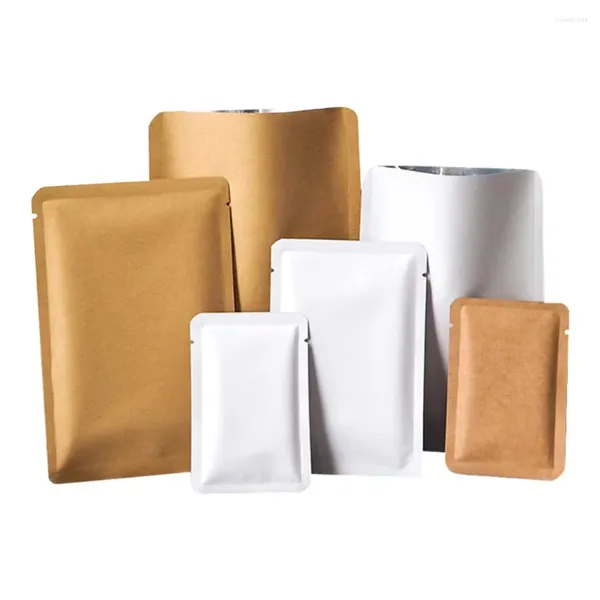 Sacos de armazenamento 100 pcs marrom branco papel kraft aberto saco de folha de alumínio com canto redondo selo de calor rasgo notch alimentos lanche chá malotes